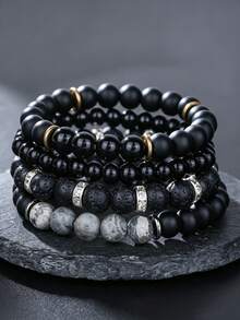 RINTOLER Set de 4 pulseras apilables con cuentas mate para hombres, regalo para el novio - Negro - Ver 7