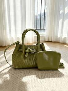 Retro Woven Handbag, Women's Quality Leather Buckle Design, Large Capacity Commuting Cross-Body Bag, Simple And Versatile Shoulder Bag - Green - View 6