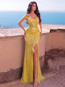 Faeriesty Elegant Open Shoulder Long Dress, Exquisite Beaded Embroidery, High Slit, Slim Fit, Flattering Silhouette, Suitable For Formal Evening Events - Gold - View 4