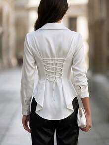 Women's Fall White Lapel Deep V Ruched Long-Sleeve Satin Shirt, Wrap Cinched Waist Flared Hem Blouse,Occasion Wear For Business Banquet Commuting - White - View 3