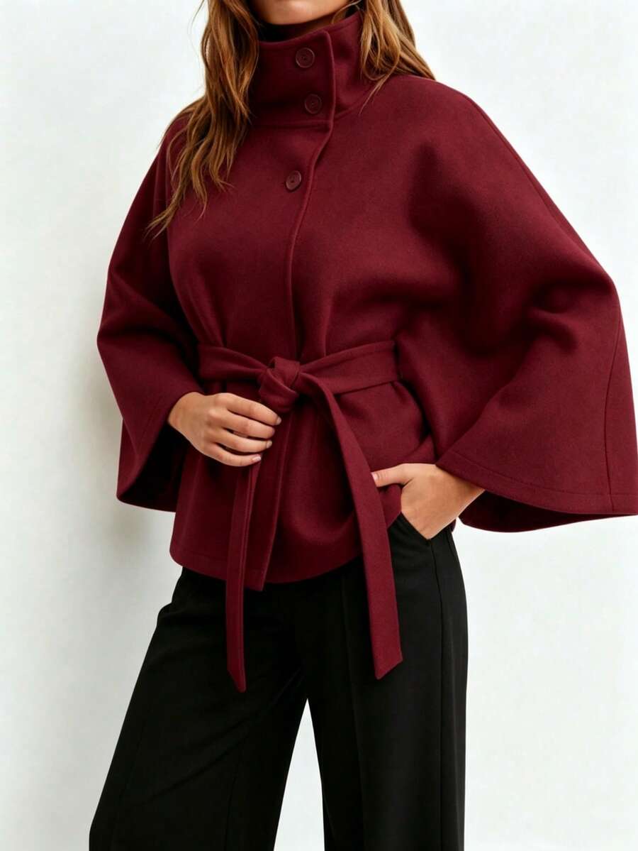 女款時尚優雅純色披肩大衣,立領設計,冬季羊毛外套附腰帶,秋冬款 - 酒紅色 - 查看 1