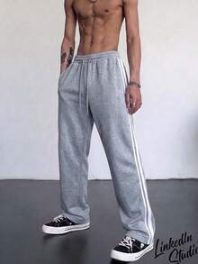 American Street Style Side Stripe Sweatpants, Straight Leg Draped Casual Pants For Men, Versatile Grey Sports Long Pants For Daily Commute/Sports - Light Grey - View 3