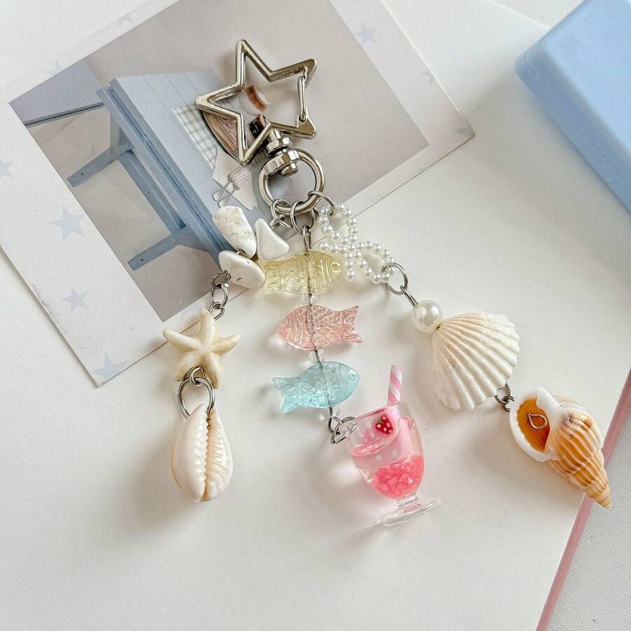 Cross-Border European & American Ocean Style Shell & Starfish Keychain, Cute Resin Fish & Cocktail Glass Pendant Key Chain, Summer Beach Bag Charm Women's Accessory - Multicolor - View 1