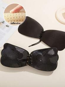 1pc Adjustable Drawstring Thickened Silicone Invisible Bra Pad, Strapless Push-Up Inner Pad, Suitable For Dress Outfit; Comes With 30pcs Nipple Covers - Black - View 2