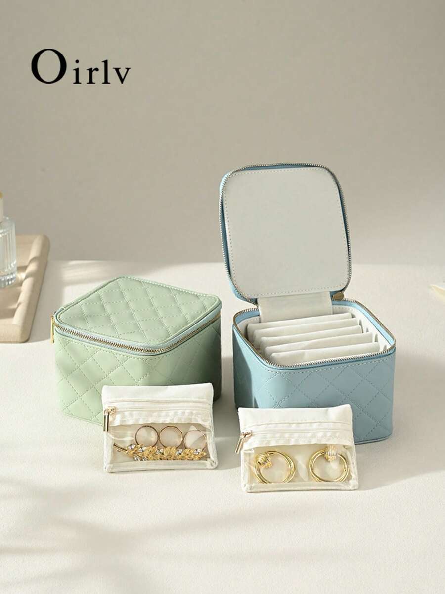 Oirlv Portable PU Leather Jewelry Storage Box, Mini Travel Zipper Jewellery Organizer Case For Rings Earrings Necklaces Bracelets & Home Use - Jewelry Bag - View 1