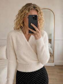 Wrap Cross V Neck Fuzzy Ribbed Waist Cropped Knit Sweater - Apricot - View 1