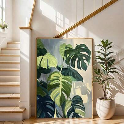 1pc Canvas Wall Art Mango Leaf Art Print, Plant Tropical Leaf Poster, Pink Green Brown Palm Banana Leaf Fashion Paintings Suitable For Living Room Bedroom Bathroom Kitchen Home Office Dorm Halloween Christmas Decor Picture Optional Frame