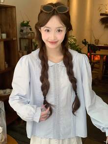 Korean Style Spring New Solid Color Top With Bowknot And Lace Design, Sweet Preppy Blouse - Blue - View 6