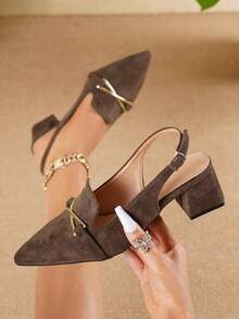 Elegant Suede Pointed Toe Chunky Heel 4.5cm Backless Sandals With Exquisite Cross Buckle Decor, Comfortable For Long Wear, Suitable For Shopping And Parties, Fashionable Women's Shoes - Brown - View 2