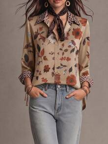 Women's Autumn Random Floral Print Pattern Top With Leopard Print Cuff Design, Fashionable Elegant Casual Commute Daily Wear Shirt For Autumn/Winter - Light Brown - View 6