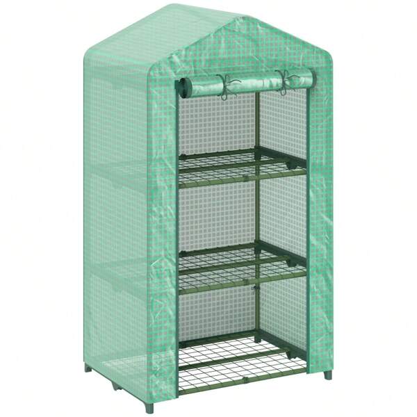 3 Tier Greenhouse Portable Garden Grow House With Roll Up Door And Wire Shelves, 69 X 49 X 125, Green On-Site