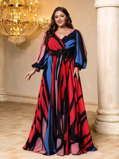 UNITHORSE [V-Neck Lantern Sleeve Waist Embroidery Patchwork Digital Watercolor Print Elegant Flared Maxi Evening Dress]