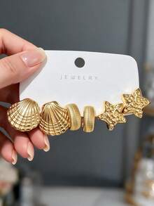 18PCS European & American Vintage Ocean Style Earrings Set | Gold Shell, Starfish, Spiral & Hoop Stud Earrings Combination, Vacation Beach Versatile Exaggerated Earrings, Women's Daily Party Gift Choice - Gold - View 6