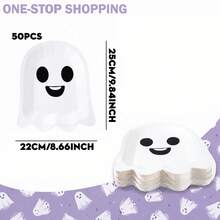 20/25/30/50/100PCS Disposable Paper Tableware Set 10 Inch Ghost Shaped Paper Plates & Napkins, Black & White Cartoon Ghost Design, Wavy Edge, Suitable For Halloween Party, Dessert Table, Family Gathering, Holiday Decoration - Multicolor - View 7