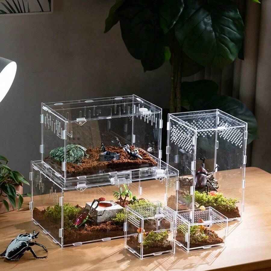 1pc Multi-Species High Transparency Acrylic Breeding Box, Minimalist Transparent Square Enclosure With Ventilation Holes And Snap-Lock Opening, Habitat And Breeding Box For Pet Snakes, Reptiles And Insects (Self-Assembly Required) - Clear - View 1