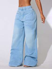 Celana Jeans Wanita Model Low Waist Wide Leg Casual Biru dengan Kantong Miring dan Lengkung untuk Musim Gugur - Baby Blue - View 6