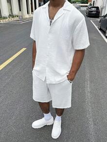 Men's Solid Color Single-Breasted Short Sleeve Shirt And Pocket Shorts Set - White - View 6