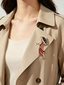 1pc Niche Creative Design Umbrella Lady Brooch, Fashionable High-End Luxury Personalized Pin, Versatile Women's Clothing Accessory Corsage - Red - View 5
