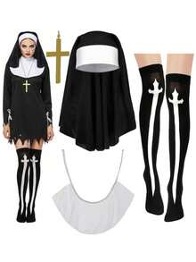 3pcs/Set Nun Costume Set: White Collared Hat,Gold Cross Necklace.Charming Accessories For Halloween,Masquerade,Church,Halloween Costume Accessories - Multicolor - View 7