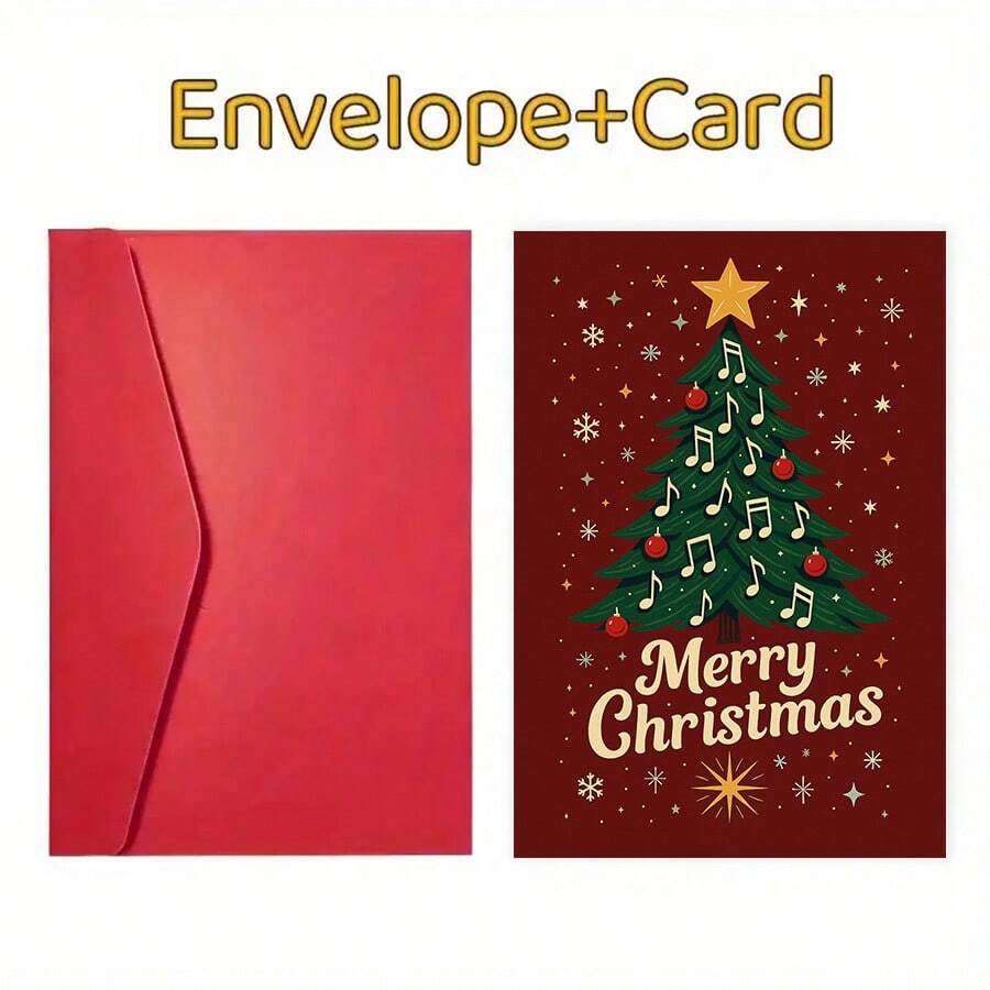 2pcs Set (Envelope And Postcard) Merry Christmas Holiday Postcard, With Christmas Tree And Musical Note Pattern, Perfect For Sending Warm Wishes To Family, Friends, Colleagues And Loved Ones. - Sets - View 1