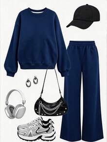 2 Pieces Set Oversized Crew Neck Sweatshirt And Wide Leg Pants For Teen Girls, Solid Color Drop Shoulder Crew Neck Long Sleeve Sweatshirt + Loose Wide Leg Pants Set, Suitable For Autumn/Winter Daily Wear - Navy Blue - View 2