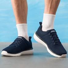 Skechers Men's Breathable Flyknit One-Piece Soft Sole Cushioned Daily Running Shoes - Navy Blue - View 4