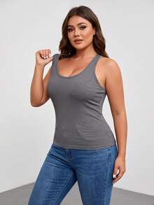 Plus Size 2-In-1 Ribbed Tank Top Built-In Molded Cup Racerback Cami For Women Fall Layering Daily - Grey - View 6