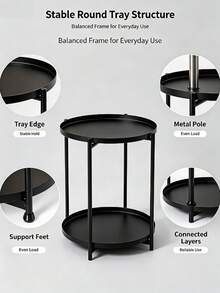 2‑Tier Nordic Small Round Table, Wrought‑Iron Coffee Side Table, Anti‑Slip Raised Tray Edge Design, Available In Black And Gray, Sturdy Iron‑Frame Small Sofa Side Table, Suitable For Indoor Decoration Of Bedrooms, Living Rooms And Apartments - Multicolor - View 7