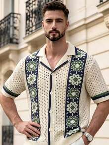 Spring/Summer Men's Neutral Polo Collar Knit Hollow-Out Short Sleeve Cardigan T-Shirt, Casual Vacation Wear - Apricot - View 2