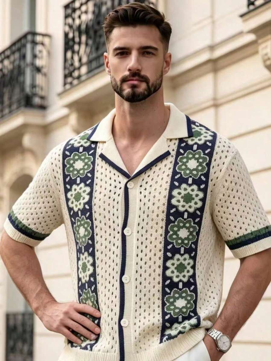 Spring/Summer Men's Neutral Polo Collar Knit Hollow-Out Short Sleeve Cardigan T-Shirt, Casual Vacation Wear - Apricot - View 1