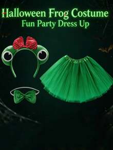 4pcs Or 3pcs Green Cute Costume Set, Includes 3D Headband, Belt And Tail Mesh Chiffon Skirt, Suitable For Birthday Party, Stage Performance And Other Occasions, Halloween - Multicolor - View 6