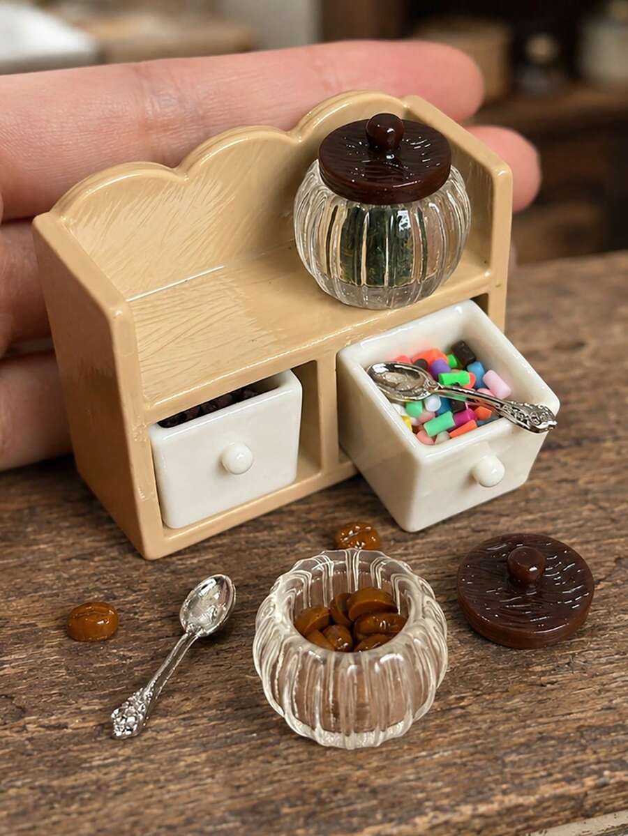 Miniature Dollhouse Kitchen Scene Storage Canister Set, Mini Model House Storage Rack, Tea Coffee Beans Candy Drawer Canister Decorative Model, Non-Edible - one-size - View 1