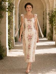 Cream Floral Print |   Women's Elegant Cream Floral Print Sequin Mesh Ruffle Trim Bodycon Maxi Dress - 奶油花卉 - 查看 7