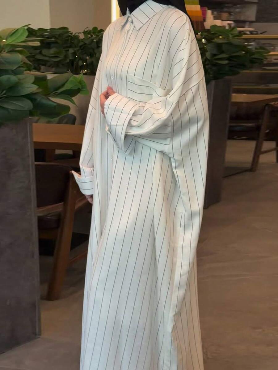 Women's Loose Casual Long Sleeve Collared Long Striped Shirt Dress, Striped Front Button-Down, Daily & Date