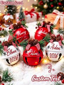 Customized Text Christmas Metal Bell Ornament, Personalized Name Christmas Tree Pendant With Pine Cone Plaid Bow Holiday Decor Gift - Multicolor - View 1