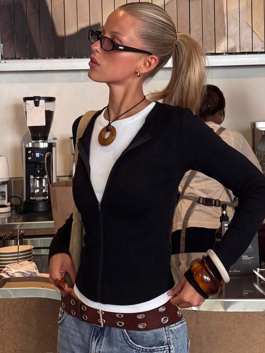Women's American Unique Zipper Design Jacket, Korean Style Hot Girl Slimming 2 In 1 Top, Autumn - Black - View 1