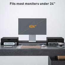 Dual Monitor Stand Riser With 2 Drawers, Adjustable Length And Angle, 116cm Monitor Riser Laptop, Computer, PC, Small Printer, Black - Black + Engineered Wood - View 6