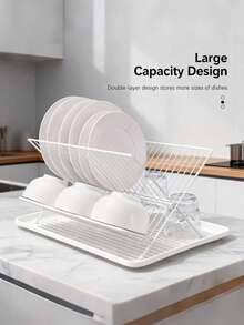 X-Shaped Foldable Kitchen Dish Drying Rack, 2-Tier Bowl & Plate Storage Rack With Drip Tray, Utensil Organizer - Multicolor - View 7