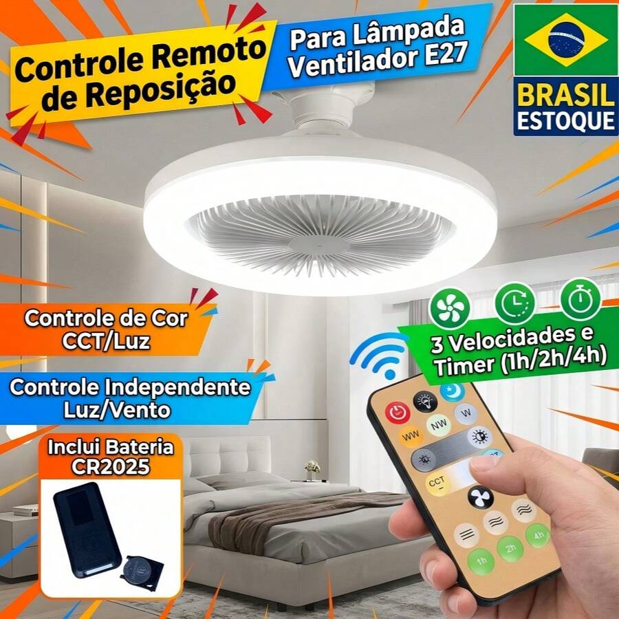 Controle Remoto de Reposição para Lâmpada Ventilador de Teto E27 - 3 Velocidades e Temporizador - pequeno - Visão 1