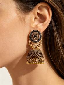 1 Pair Vintage Glamorous Fashion Rhinestone Exaggerated Design Mesh Bell Earrings Women's Versatile Jewelry - Black - View 2