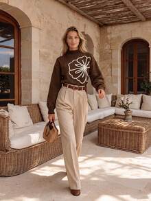 Pull femme en maille de laine à col montant, manches longues, broderie florale 3D, coupe ample, décontracté, chaud pour l'automne/hiver - Tabac - Voir 3