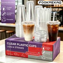 FookmeKag 12/16/20/24 Oz Clear Reusable And Washable Cups With Flat Lid And Straw, Heavy-Duty Crystal Cold Drink Cups For Iced Coffee, Iced Tea, Milkshakes, Smoothies - Perfect For Christmas Parties, Family Gatherings And Office Daily Use - 規格 - 查看 1