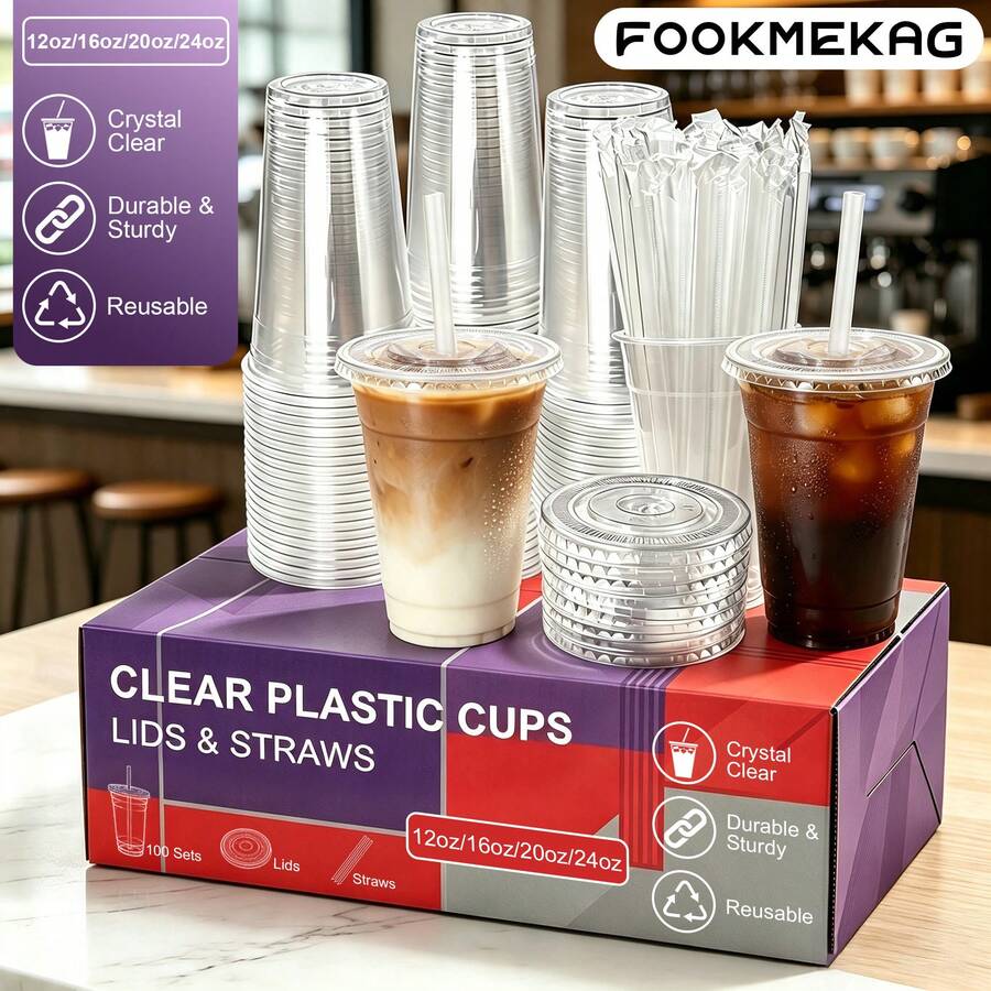 FookmeKag 12/16/20/24 Oz Clear Reusable And Washable Cups With Flat Lid And Straw, Heavy-Duty Crystal Cold Drink Cups For Iced Coffee, Iced Tea, Milkshakes, Smoothies - Perfect For Christmas Parties, Family Gatherings And Office Daily Use - 規格 - 查看 1