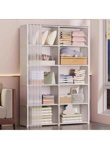 1pc Multi-Functional Storage Rack, Freestanding Metal Wardrobe Organizer With Dust Cover, Suitable For Home, Office, Classroom, Dormitory, Space-Saving Bedroom Storage Unit, Christmas, Halloween Entryway Organizer - Multicolor - View 2