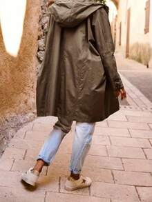 Women's Loose Hooded Trench Coat, Casual Loose Long Jacket, Button Front Design, Asymmetrical Hem, Autumn Hot-Selling New Arrival - Dark Olive Brown - View 3