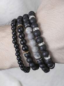 RINTOLER Set de 4 pulseras apilables con cuentas mate para hombres, regalo para el novio - Negro - Ver 4