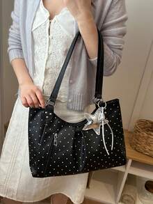 Nicekee Contrasting Polka Dot Pleated Tote Bag, Paired With Star Hanging Decorations, Large Capacity Casual Versatile Shoulder Bag, Suitable Commuting - Multicolor - View 5
