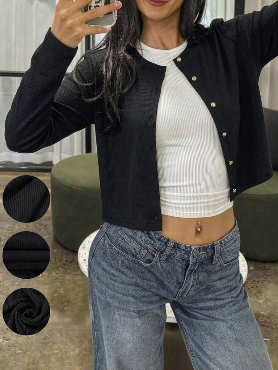 Women's Solid Color Cardigan, Button Style, Fitted Long Sleeve Top, Suitable For Spring/Summer Outings, Vacations And Daily Wear Black - Black - View 1