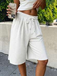 Short décontracté pour femmes de couleur unie avec cordon élastique, short de sport d'été pour femmes, short d'été décontracté, convient pour les activités de plein air et le port quotidien, cadeau parfait pour la petite amie - Gris pâle - Voir 1