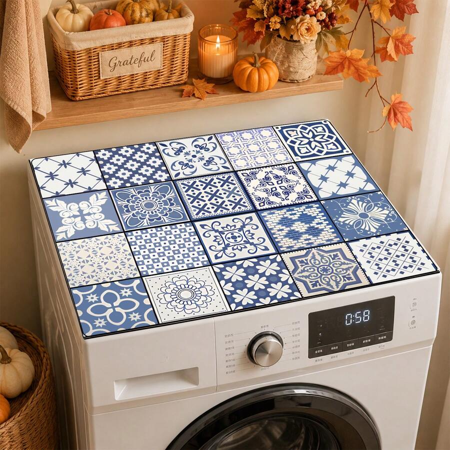 Luckybutterfly Blue & White Mosaic Floral Print Washing Machine Cover Mat, Anti-Slip Wear-Resistant Dust-Proof Countertop Protector Pad, Home Laundry Room Decorative Mat - Multicolor - View 1
